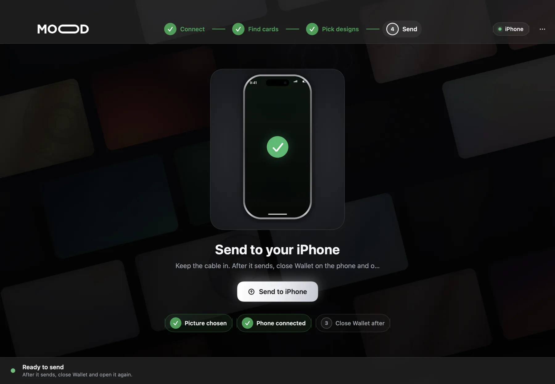 CardMood Send step, ready to send the new designs to the iPhone