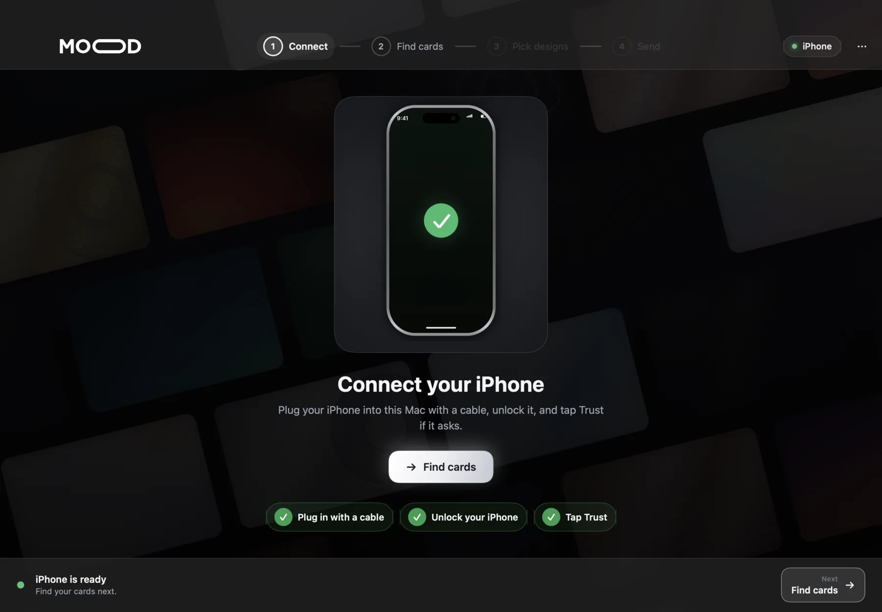CardMood Connect step showing the iPhone is ready