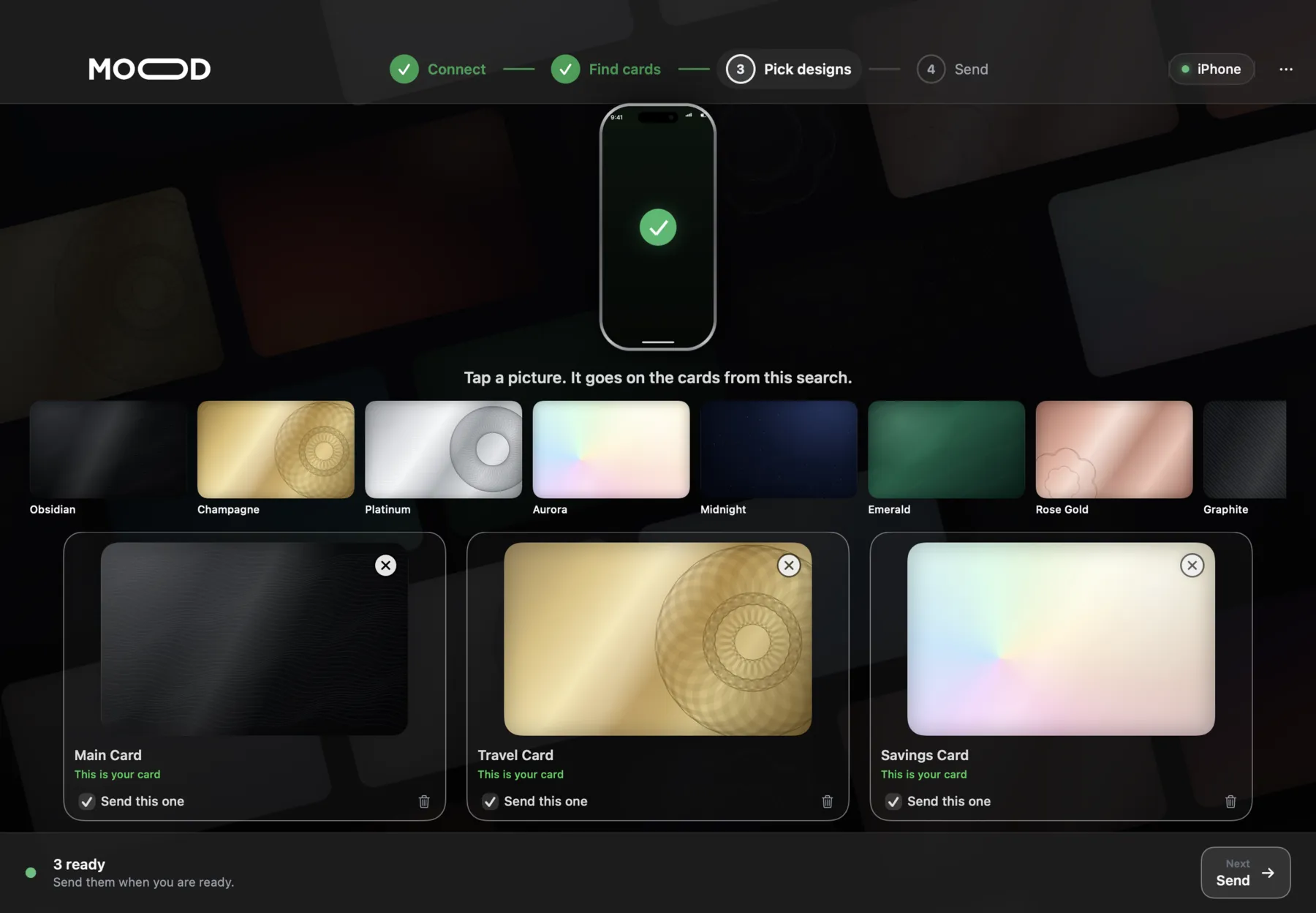 The CardMood Mac app on the Pick designs step, with three Wallet cards each given a new design